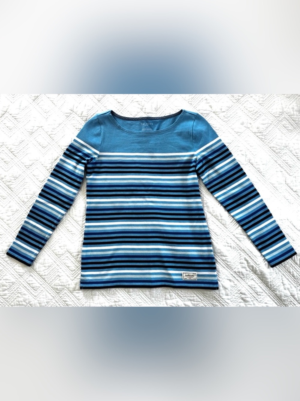 Talbots Boat Neck Bright Blue Cotton Striped Knit Top Size Petite Small